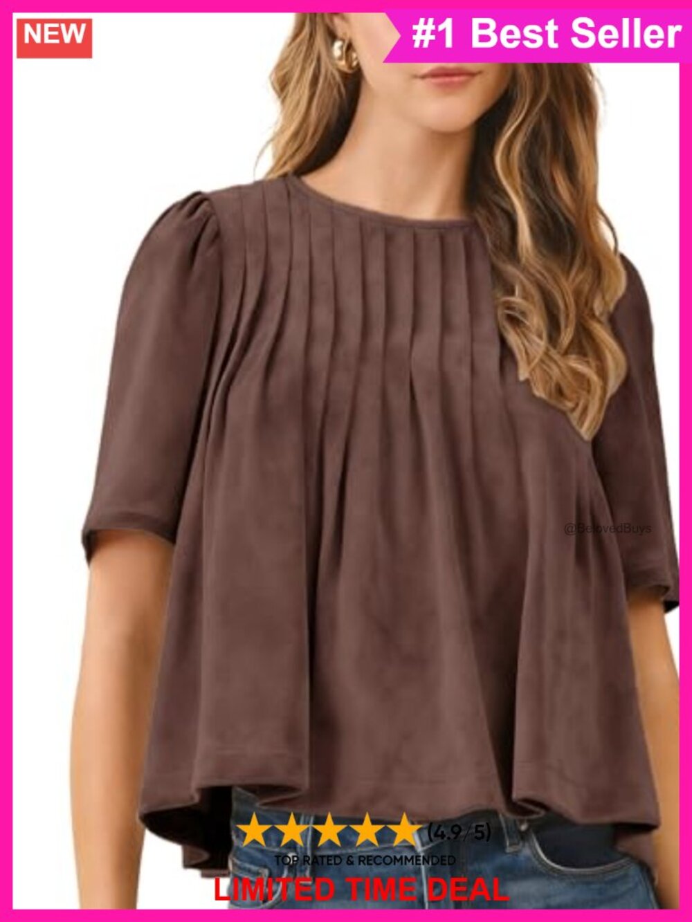 Lentta Womens Faux Suede Babydoll Peplum Blouse Short Sleeve Flowy Top